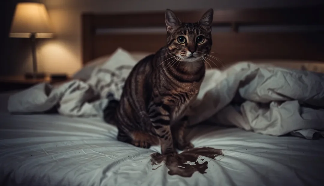 Un chat tigré est assis sur un lit défait dans une chambre faiblement éclairée, à côté d'une petite tache humide sur les draps.