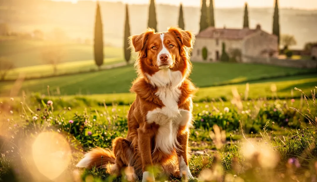Un chien Nova Scotia Duck Tolling Retriever assis dans une campagne française verdoyante sous une lumière dorée.