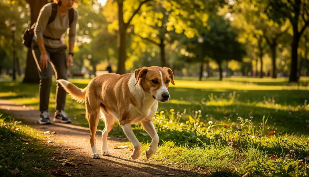 Un propriétaire inquiet observe son chien de taille moyenne qui boite doucement sur un sentier de parc ensoleillé entouré d’arbres verts.