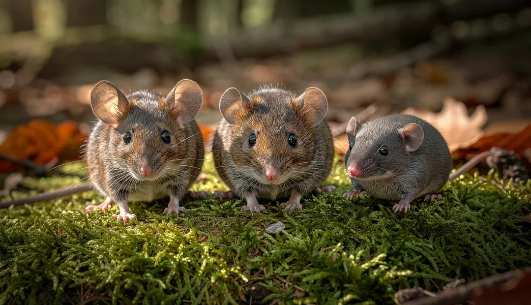 Un mulot, un campagnol et une musaraigne posés côte à côte sur un sol moussu en forêt, chaque animal étant bien visible dans une lumière naturelle douce.
