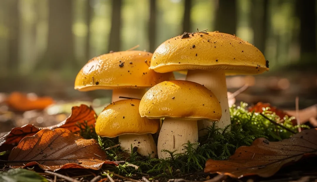 Des bolets dorés parmi la mousse et des feuilles mortes sur un sol forestier éclairé par une lumière douce.