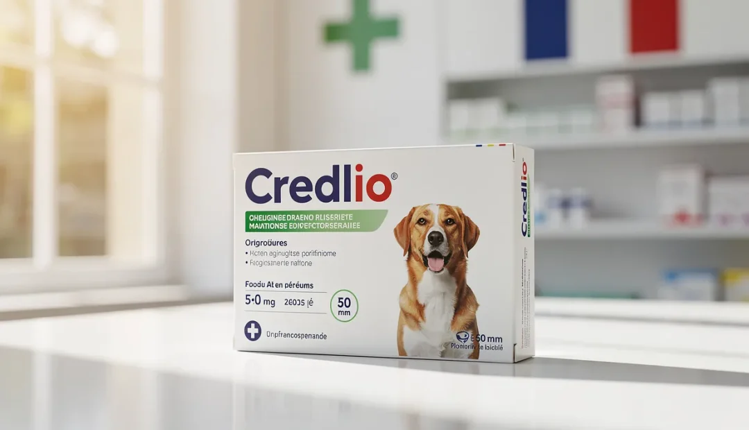 Une boîte de médicament Credelio posée sur un comptoir de pharmacie en France, éclairée par la lumière du jour avec un drapeau français en arrière-plan.
