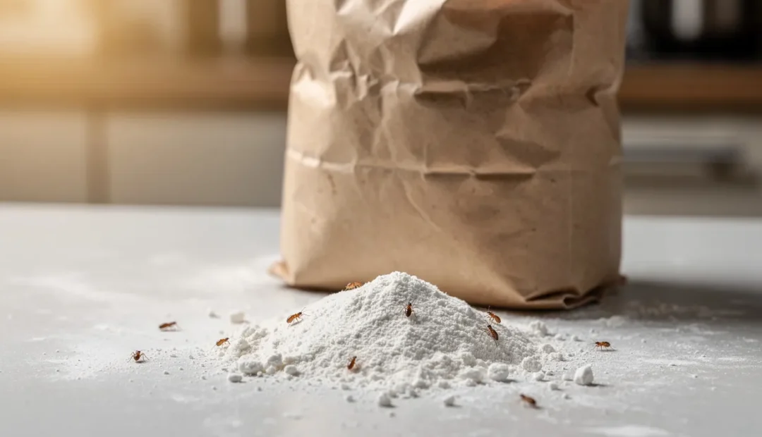 Un sac de farine ouvert posé sur un plan de travail de cuisine avec quelques petits insectes visibles à la surface.