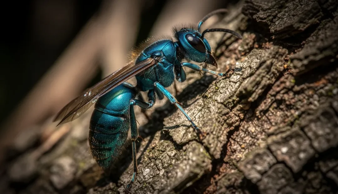 Une guêpe bleue aux reflets métalliques posée sur une écorce d’arbre avec un arrière-plan flou.