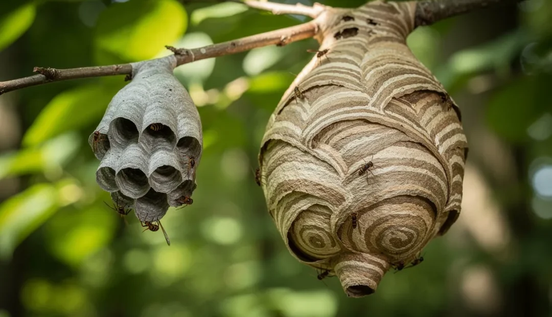 Un nid de guêpes et un nid de frelons suspendus côte à côte à des branches d’arbre dans une forêt verdoyante.