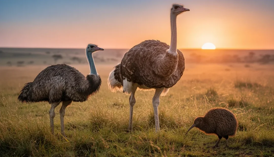 Un groupe d’oiseaux ratites, dont une autruche, un émeu et un kiwi, se tient sur une prairie au lever du soleil dans une atmosphère paisible et brumeuse.