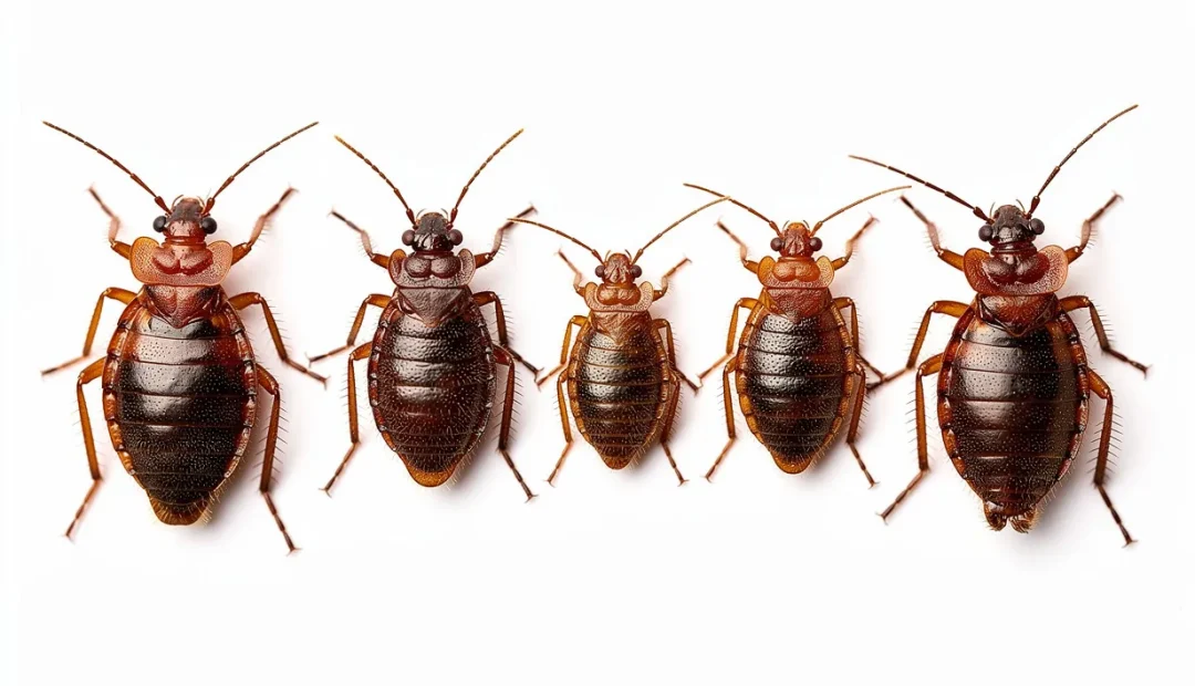 Six insectes ressemblant à des punaises de lit sont alignés côte à côte sur un fond blanc.