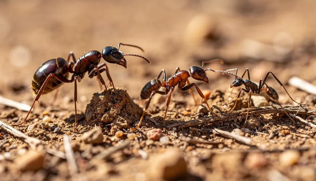 Gros plan photoréaliste montrant une reine, une ouvrière et un mâle fourmi sur un sol texturé, sous une lumière naturelle douce.