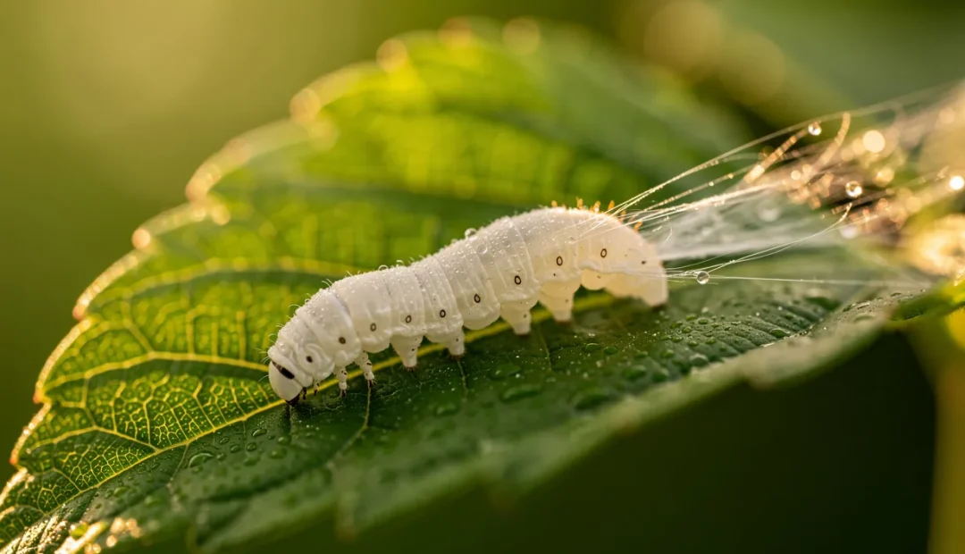 Un ver à soie blanc repose sur une feuille de mûrier verte, entouré de fins fils de soie sous une lumière douce du matin.
