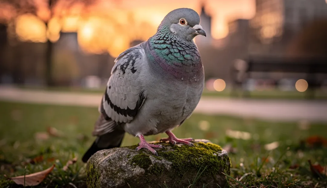 Un vieux pigeon posé sur une pierre couverte de mousse dans un parc au crépuscule, baigné d'une lumière dorée.